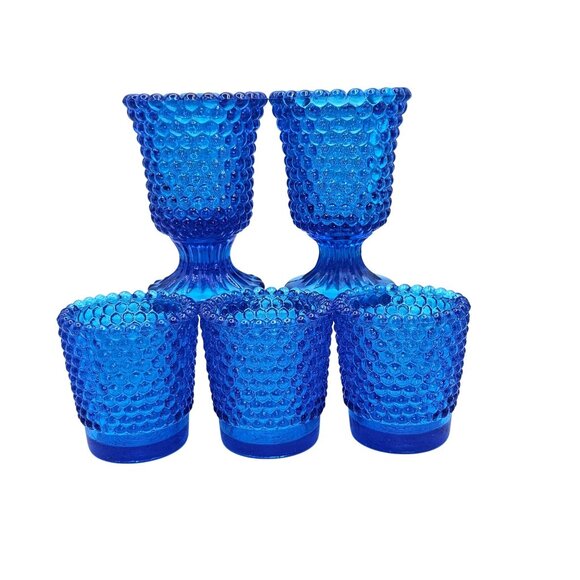 Hobnail Cobalt Blue Glass Votive Candle Holders Mixed Set Of 5 - Picture 8 of 15